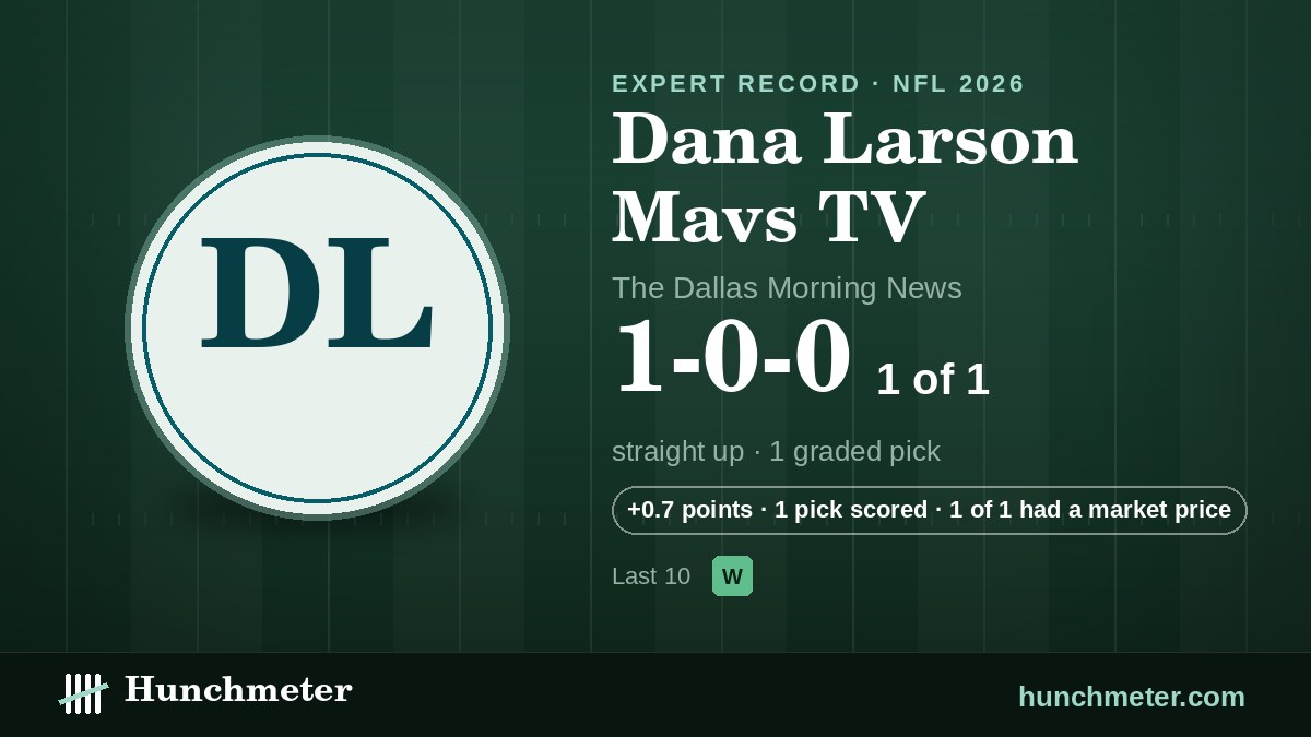 Dana Larson Mavs TV (The Dallas Morning News) NFL picks record, 2026: 1-0-0 straight up — Hunchmeter
