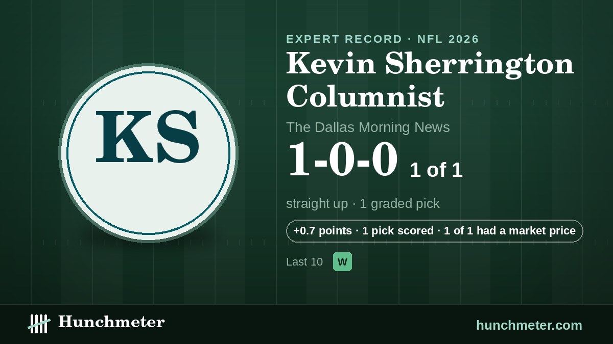 Kevin Sherrington Columnist (The Dallas Morning News) NFL picks record, 2026: 1-0-0 straight up — Hunchmeter